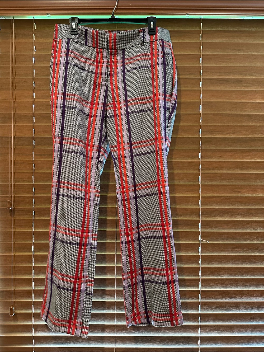 Wide Leg Plaid Pants in Gray with Red & Purple Stripe